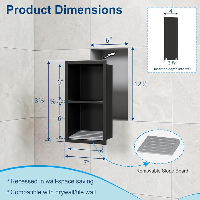Neodrain Shower Foot Rest for Shaving Legs, 304 Stainless Steel Shower Niche, Recessed Shower Step for Shaving Legs,Niche for Shower Wall, Bathroom Foot Rest (Matte Black, 12.3"x 6")