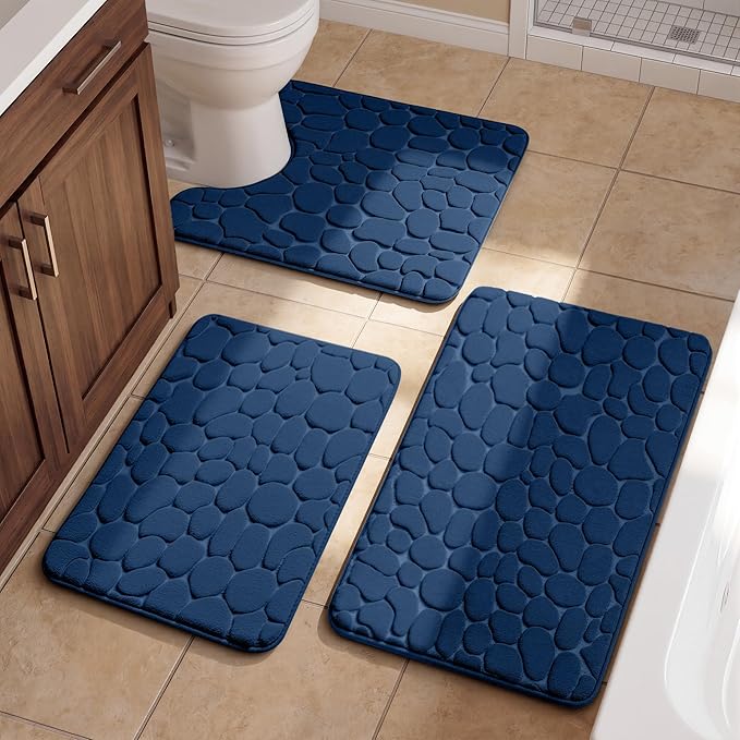 YIHOUSE Bathroom Rugs Mat Set, Memory Foam Bath Mat 3 Piece Navy Blue | U Shape+Small Mat, Non Slip, Water Absorbent, Washable, Bath Mat For Bathroom, Sink and Toilet