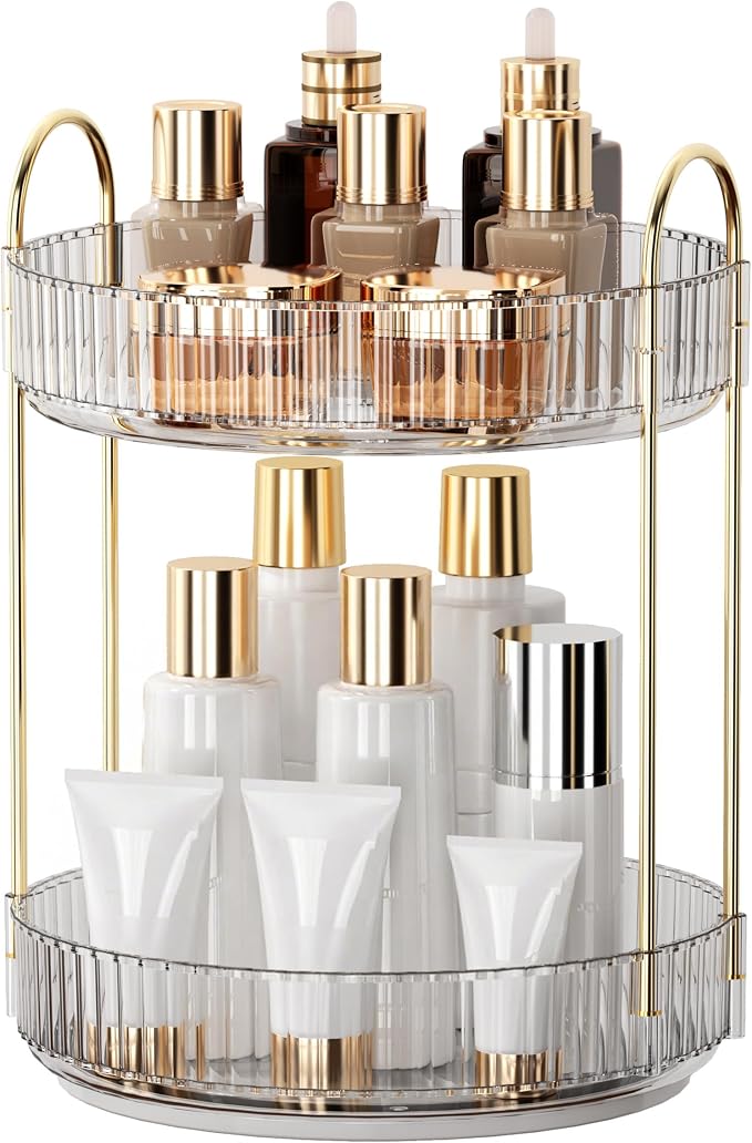 YCIA&DONE 360 Rotating Makeup Organizer and Storage for Vanity Bathroom Countertop, High Capacity Cosmetic Skincare Perfume Organizers for Dresser Lazy Susan (Clear White,2 Tiers)