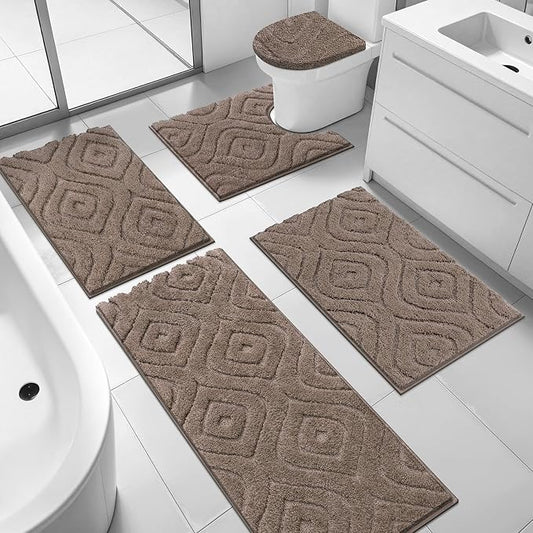 Ileading Bathroom Rugs Sets 5 Piece, Non Slip Washable Bath Mat Set | Absorbent Plush Microfiber Bathroom Mat Set with Toilet Cover, Bath Runner and U-Shaped Contour Rug for Tub, Shower, Brown