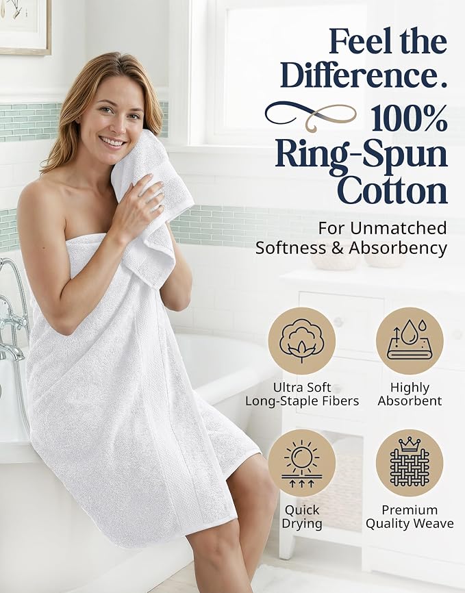 LANE LINEN Bath Towel Set 100% Cotton 16 Piece Soft Absorbent - White | Shower Towels - Generously Sized, Oversized & Roomy, Lightweight & Breathable, Fade-Resistant Color, Classic Terry Weave