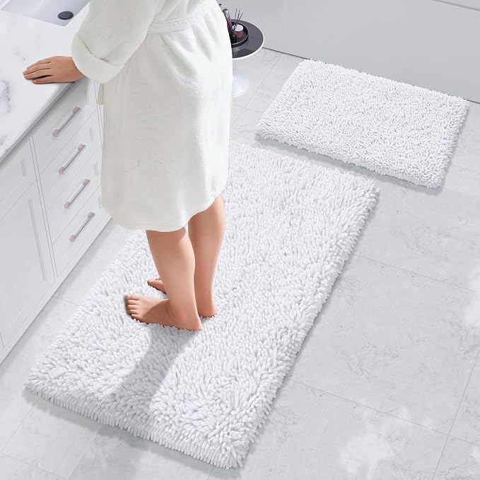 Yimobra Bathroom Rug Set 2 Piece, Luxury Shaggy Bath Mat Set with Non Slip Backing, Ultra Soft & Absorbent Mats for Bathroom Floor, Machine Washable, 44"x24"+24"x17", White