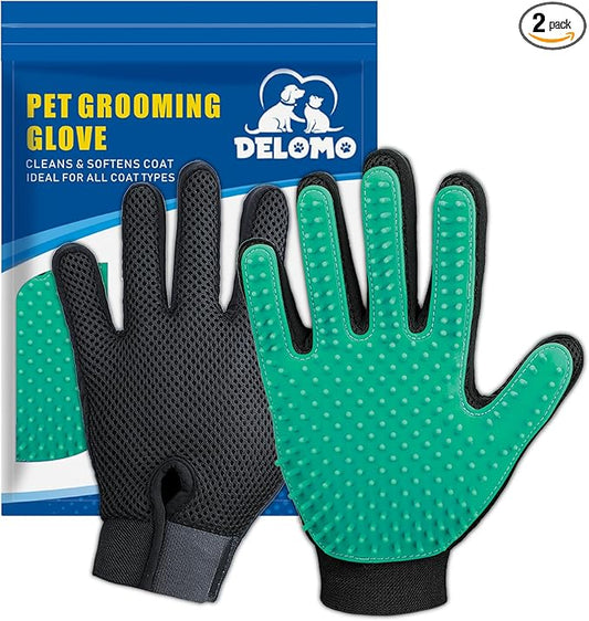 Pet Hair Removal Glove with 255 Silicone Tips for Dogs & Cats, 1 Pair Green | 2-in-1 Deshedding & Massage Mitt, 5-Finger Flexible Design, for Bathing & Grooming, Safe for Long/Short/Curly Hair Pets