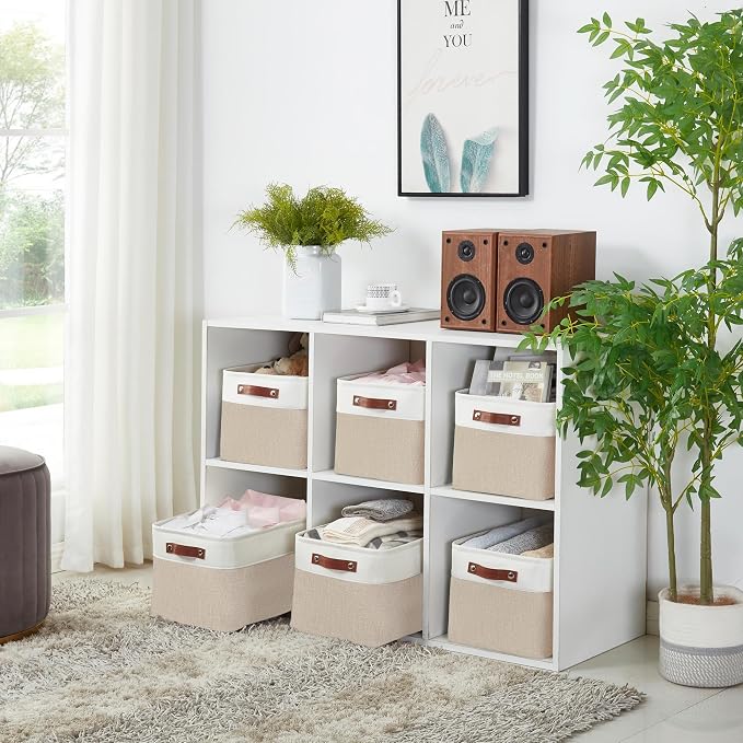 DECOMOMO Storage Bins, Large Fabric Storage Baskets for Shelves, Decorative Linen Closet Organizer, 15 x 11 x 9.5 inches (Beige & White, 1 Pack)