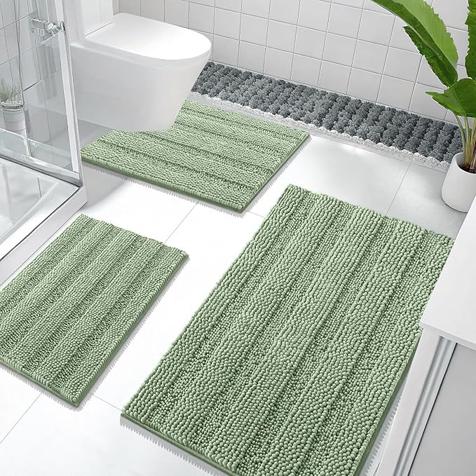 OLANLY Thick Chenille Bathroom Rugs Sets 3 Piece, 36"x24"+24"x16"+24"x20" | Sage Green, Absorbent Bath Mats and U-Shaped Contour Toilet Rug, Home Decor Accessories, Bath Mat Set for Bathroom