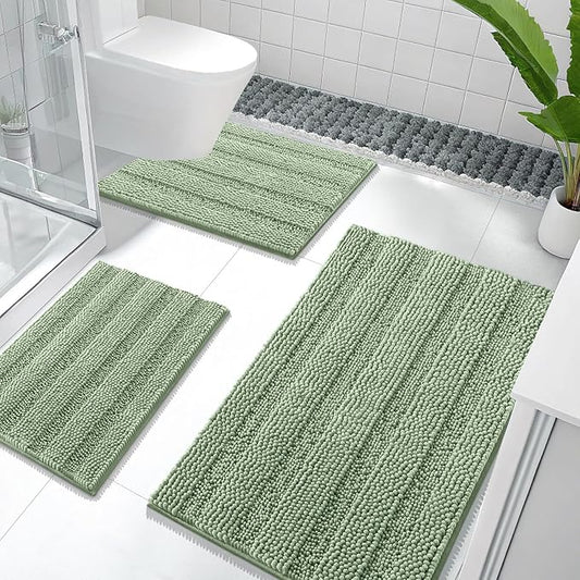 OLANLY Thick Chenille Bathroom Rugs Sets 3 Piece, 36"x24"+24"x16"+24"x20" | Sage Green, Absorbent Bath Mats and U-Shaped Contour Toilet Rug, Home Decor Accessories, Bath Mat Set for Bathroom