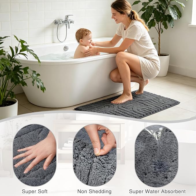 Homcomoda Bathroom Rugs Sets 3 Piece, Soft Absorbent Microfiber Bath Mats and U-Shaped Contour Toilet Rug, Non Slip Bath Rugs Machine Washable Shaggy Bath Room Floor Mats, Dark Grey