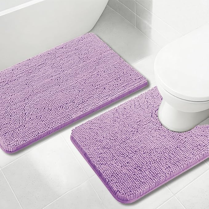 Bathroom Rugs Chenille, Extra Thick and Absorbent, Non-Slip, Machine Washable, Dry Quckily, Soft Cozy Plush, Used Under Shower Bathtub and Sink, Bath Mat Sets Lavender