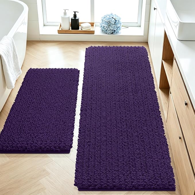 ACCUMTEK Upgrade Luxury 2 Piece Dark Purple Toilet Bathroom Rug Mat 48"x20"+24"x17", Ultra Soft Thick Absorbent Bath Mats, Non Slip Chenille Toilet Mat for Bathroom, Bedroom, Kitchen, Shower, Tub