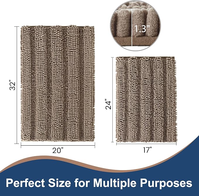 Non Slip Thick Shaggy Chenille Bathroom Rug Sets 2 Piece, Thickened Hot Melt Rubber Bottom Bath Mats for Bathroom, Bath Rugs Quick Dry Machine Washable for Shower (Taupe Brown, 32"x20" Plus 17"x24")