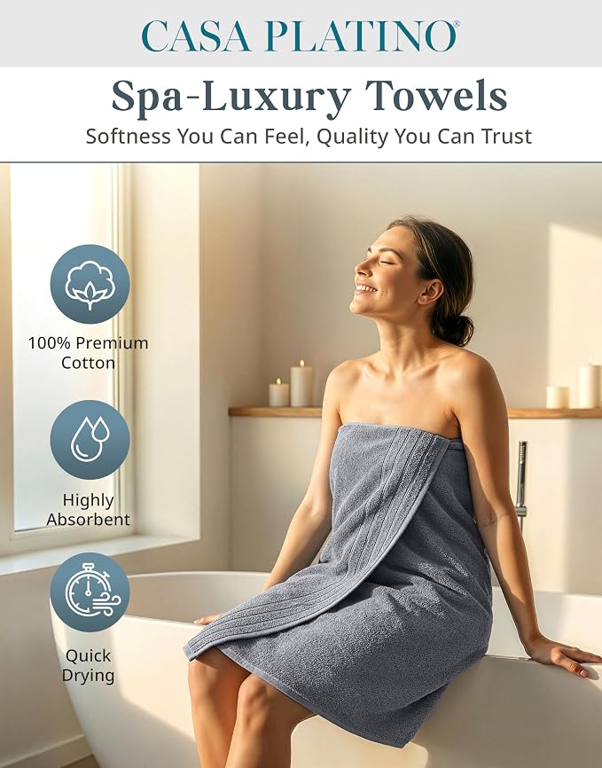 Casa Platino Towel Set Soft Absorbent Quick Dry 100% Cotton - Cool Grey | Cotton Bath Towels - Lightweight & Breathable, Fade-Resistant Color, Classic Terry Weave, Densely Woven, Coordinated Colors