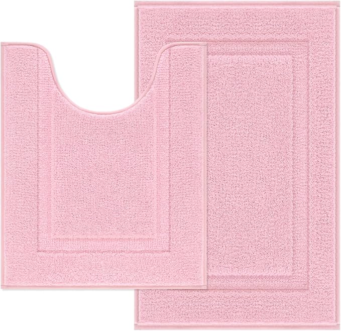 SHACOS Soft Microfiber Bathroom Rugs Set 2 Pieces with Toilet Rug | Absorbent Plush Bath Mat U Shaped Contour Bath Rug, Non Slip Washable Fluffy Bathroom Floor Mats, 32x20+24x20, Pink