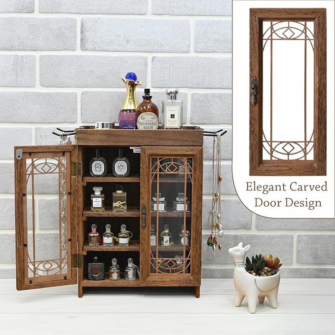 Ikee Design 4-Tier Small Wooden Countertop Storage Cabinet with Adjustable Shelves and Doors, Removable Hooks, Perfect for Perfume, Pantry, Essential Oil, Collection, 14.8W x 6.1D x 14.4H in, Brown