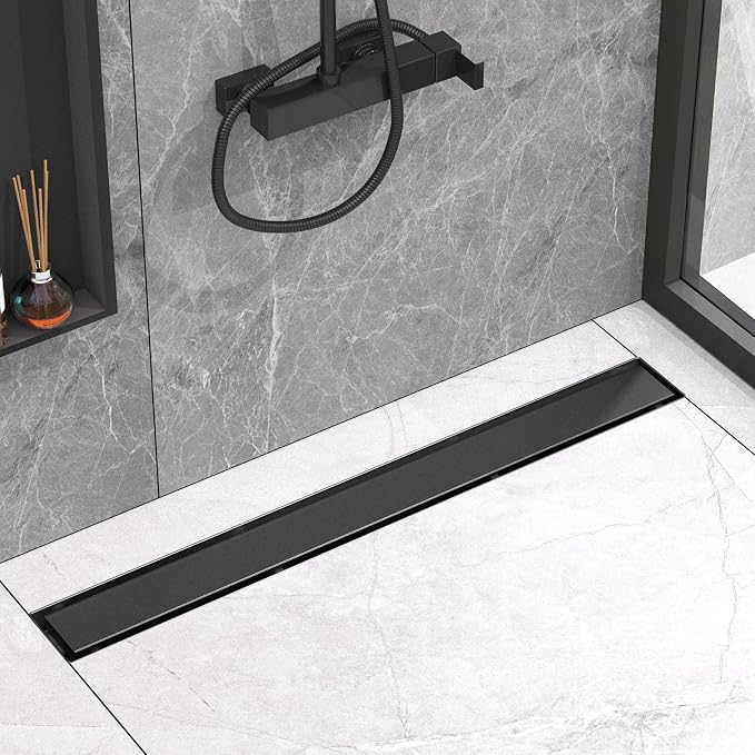 YEFU Black Linear Shower Drain for Bathroom: 36 Inch Shower Drain with Tile Insert Grate - 304 Stainless Steel Rectangle Linear Drain - 2-in-1 Matte Black Shower Floor Drain