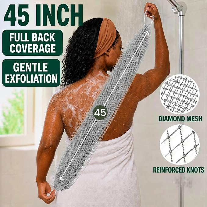 Authentic African Net Sponge, 2 Pack 45-Inch Exfoliating Bath Sponge and Shower Loofah for Body and Back, Colorfast Quick-Dry Knotted Mesh Scrubber with Travel Pouch (Black & Grey)