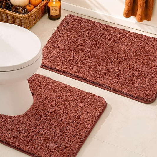 MIULEE Fall Rust Bathroom Rugs Set 2 Piece Soft Bath Mats 20x24+16x24 Inch | Absorbent Microfiber Bath Mat and U-Shaped Toilet Rug, Non Slip, Quick Dry, for Bathroom Floor Tub Showers, Machine Washable