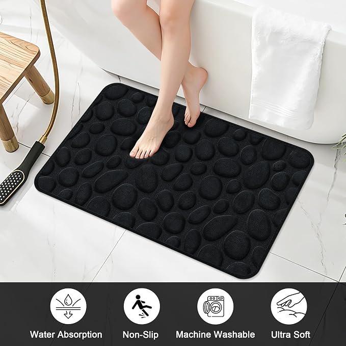Stone Bath Mats, 32x20 Non-Slip Memory Foam Bathroom Rug, Black | TPR Rubber Backing,Ultra Soft,Highly Absorbent,Machine Washable,Quick Dry for Tub and Shower, Home Decor Accessories