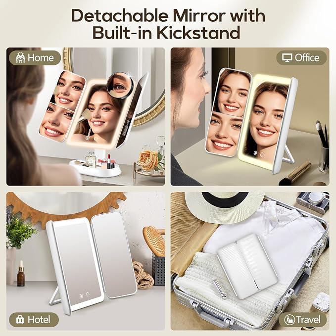 GOMIPURU Makeup Mirror with Lights and 30X/10X/5X Magnification, Vanity Mirror with 3 Color Lights, Rechargeable, Detachable, Lighted Makeup Mirror with Magnification, Trifold Mirror, Gifts, White