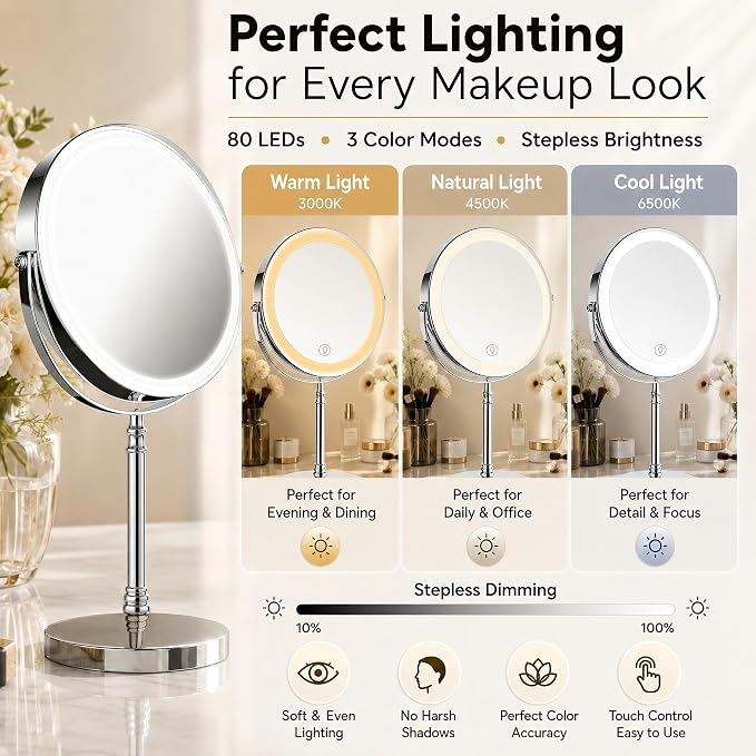 DEIOVWXS Makeup Mirror, Rechargeable Vanity Mirror with 3 Lights, 1X/10X | Adjustable Brightness, 3000mAh, Double-Sided, Gift for Mom, Women, Wife, Girls, Dorm Room Essential