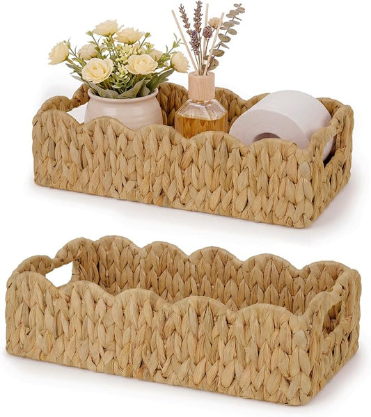 efluky Toilet Paper Basket, Scalloped Basket 2-Pack, Bathroom Decor Back of Toilet Basket, Wicker Natural Water Hyacinth Bathroom Basket for Organizing Countertop,Shelves,Bedroom