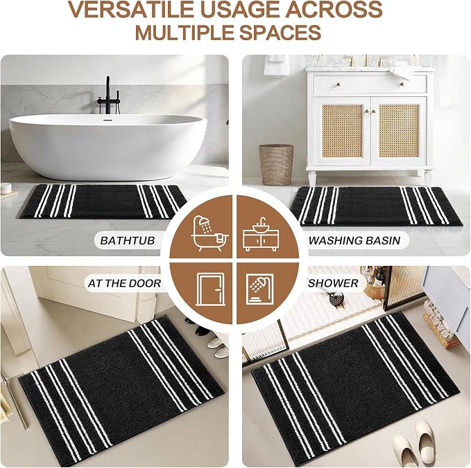 Kmson Bathroom Rugs Mat, 20"x32" Ultra Soft Washable Shaggy Chenille Bath Rugs, Non-Slip Fluffy Thick Water Absorbent Microfiber Mat for Bathtub, Sink and Shower, Black