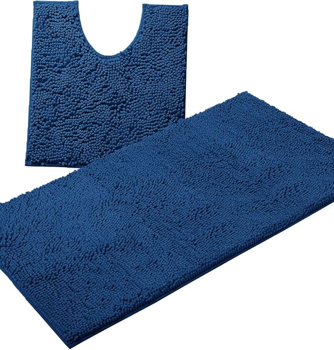 Bathroom Rugs Sets 2 Piece, Luxury Chenille Bath Mat Set, Soft Plush Anti-Slip Bath Rug + U-Shaped Toilet Mat. Microfiber Shaggy Carpet, Super Absorbent (24” x 36” & 20” x 24” U, Blue)