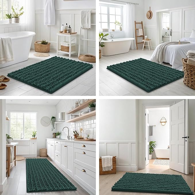Smiry Bathroom Rugs 47X17, Extra Soft Rubber Backing Chenille Bath Mats | Green Machine Washable Non Slip Quick Dry Bath Mats for Bathroom Floor, Tub, Shower, Home Decor Accessories