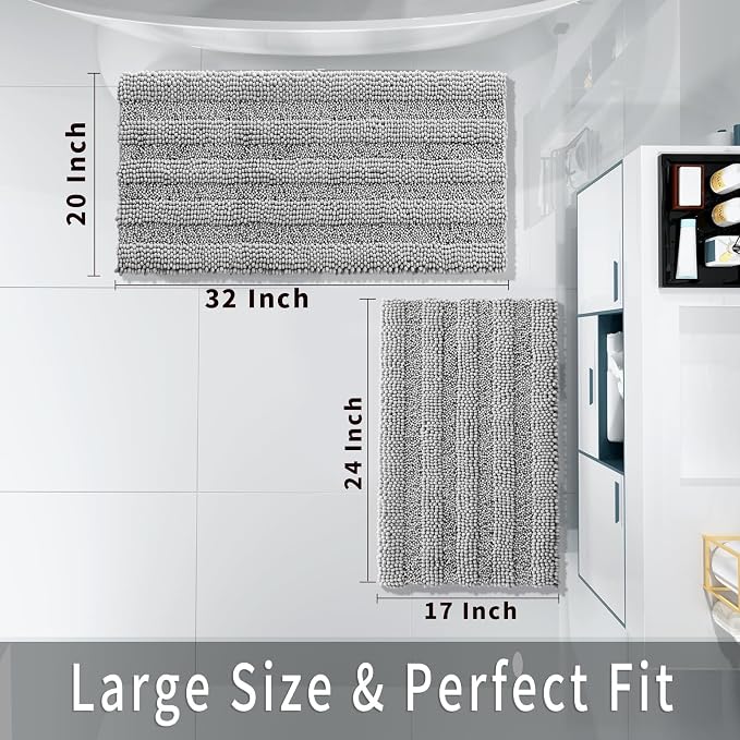 Yimobra Bathroom Rug Set 2 Piece, Absorbent Bath Mat Set, 32x20+24x17, Gray | Soft Plush Chenille Shower Rugs for Bathroom Floor Sink Tub and Shower Outside, Non Slip Machine Washable Quick Dry