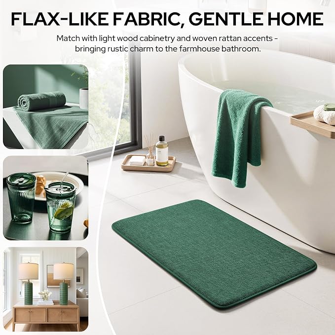 HOMEIDEAS Memory Foam Bathroom Rugs Set, Dark Green 24"x17"+32"x20" | Ultra Absorbent Quick Dry Bath Mats with Non Slip PVC Backing, Machine Washable, Ideal for Bath Floor, Shower and Tub
