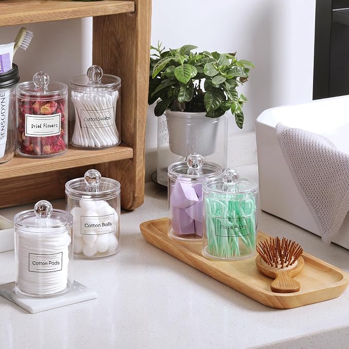 4 Pack Acrylic Qtip Holder Dispenser for Cotton Swabs, Balls, Floss Picks | Thick, Highly Clear, w/ Labels - Small Canister Apothecary Jar Set, Bathroom Decor Essentials, Shelf Vanity Storage Organizer