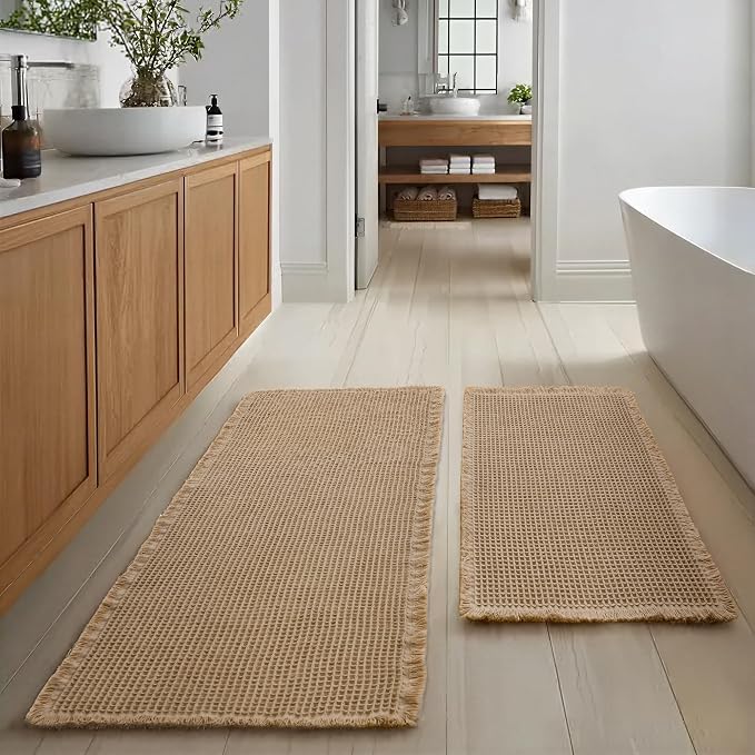 JIUZHEN Set of 2 Waffle Bath Mats Boho Bathroom Runner Rug 20"x32"+24"x48" | Brown, Non Slip, Super Absorbent, Washable, Ultra Soft, Fast Drying Bath Rug and Bathroom Runner for Kitchen Hallway Laundry