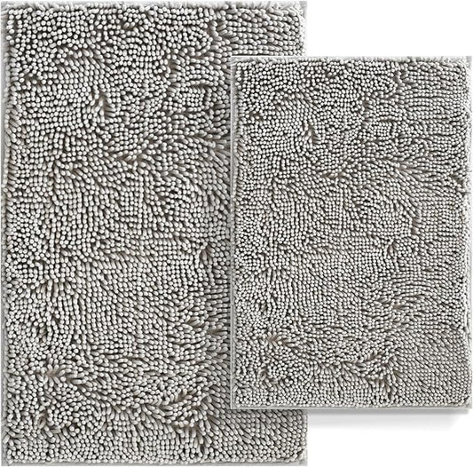 Bathroom Rugs Set 2 Piece Bath Mats Non Slip for Bathrooms, Thick Soft Chenille Rug Set, Bathtub Mats, Ultra Absorbent Bath Carpet, Shaggy Floor Mat, Ashy Grey, 20"x32" & 16"x24"