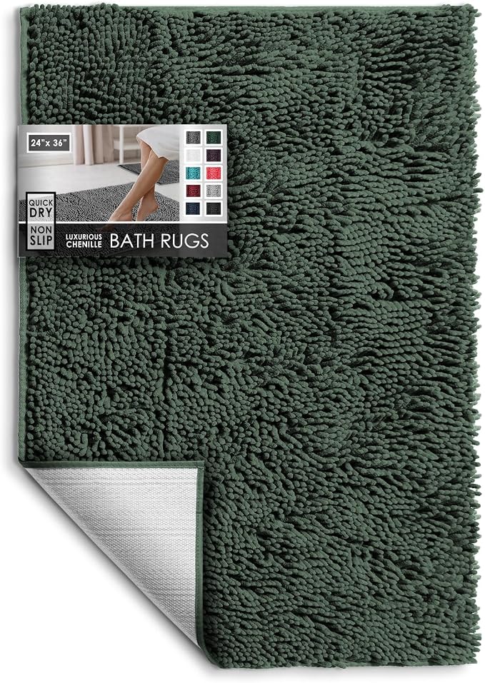 Hearth & Harbor Bathroom Rugs, Chenille Bath Mat - Machine Washable Bath Mats for Bathroom Non-Slip Backing Rubber, Quick Dry Bathroom Mat - Hunter Green 24x36