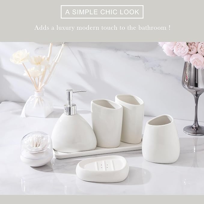 Ceramic Bathroom Accessory Set, 7 Pieces Countertop Accessories, Include Soap Dispenser, Toothbrush Holder, 2 Tumbler Cup, Soap Dish, Plastic Vanity Tray, Qtip Holder (White)