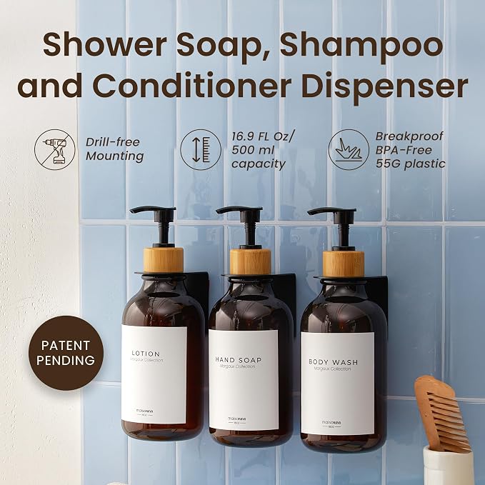MaisoNovo Shampoo and Conditioner Dispenser|Refillable Amber Bamboo 3-Pack | 500 ml Shower Gel Dispenser Set of 3. Refillable Shampoo and Conditioner Bottles. Drill Free Secure Design. Amber Bamboo