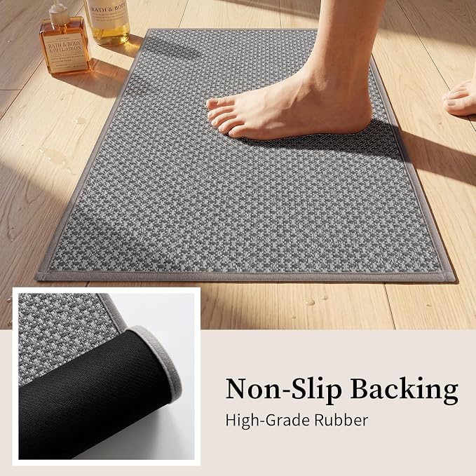 YIHOUSE Thin Bath Mat Light Grey Bathroom Rugs Sets 3 Pieces, Non Slip Absorbent Bath Mats Quick Dry, Woven Braided Rugs Washable, Tapetes para Baño for Bathroom,Bathtub(17"x24"+17"x32"+17"x32")