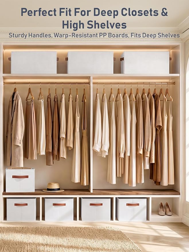 6 Pack Large Closet Storage Baskets Bins for Shelves, Collapsible Fabric Closet Organizers and Storage with Polyester Handles, Decorative Baskets for Organizing Clothes, Towels, Linen Closet 16x12x10"