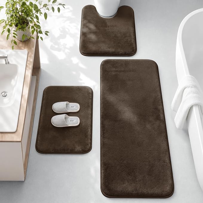 HUXMEYSON 3-Piece Memory Foam Bathroom Rug Set, Brown | Quick Dry Velvet Surface, Non-Slip & PVC Backing, Ultra Soft Bath Rugs for Bathroom, 17"x24"+20"x48"+U Shape 20"x24"
