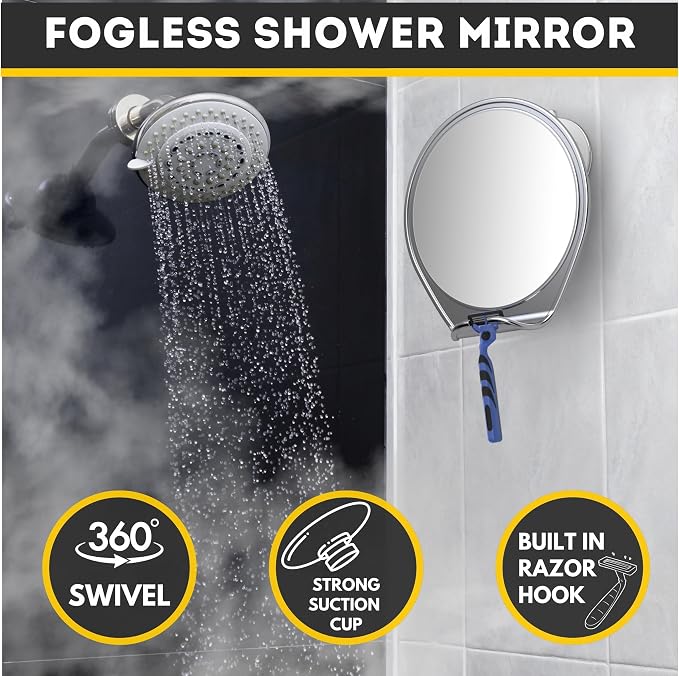 HONEYBULL Fogless Shower Mirror for Shaving with Suction Mount, Chrome | Shatterproof Acrylic Bathroom Accessory With 360 Swivel & Built-in Razor Hook, Clear Reflection in Steam & No-Drill Setup