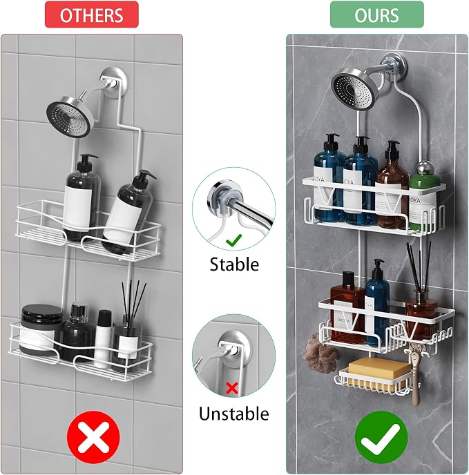 DAOYA Over the Shower Head Caddy, White Shower Caddy Hanging, 3 Tier Anti-Swing Bathroom Organizer with Soap Holder & Hooks