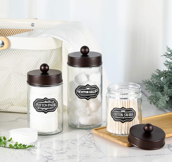 Apothecary Jars 3 Pack - Glass Bathroom Containers with Stainless Steel Lids - Rustic Farmhouse Decor Bathroom Accessories, Vanity Organizer Apothecary Jars for Qtip/Cotton Balls (Bronze)