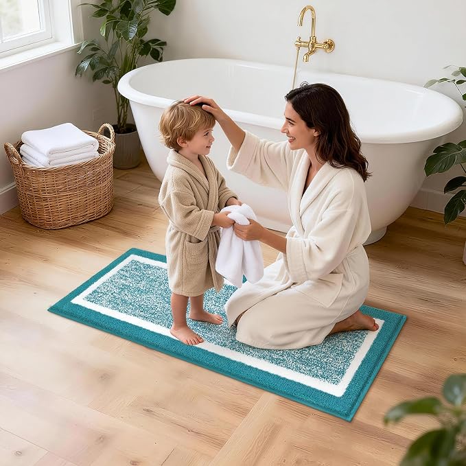 Pauwer Bathroom Rugs Set 5 Piece, Non Slip Microfiber Bath Mat, Aqua Blue | Washable Bathroom Mat with U Shaped Toilet Rug, Long Shower Runner, Toilet Lid Cover, Quick Dry Absorbent Plush Floor Carpet