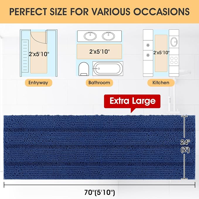 ACCUMTEK Extra Long Striped Denim Blue Bathroom Rug Mat 70"x24" Ultra Soft, Non Slip Chenille Bath Rugs, Absorbent Plush Shaggy Bath Mats for Bathroom, Bedroom, Kitchen, Shower, Tub