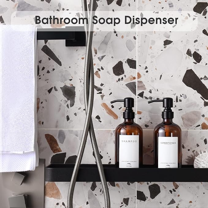 Supforce Shampoo Dispenser for Shower, No Drill Dispenser with Pump & Label | Shampoo and Conditioner Dispenser Wall Mount Set of 3, Pet Bottle Shower Soap Dispenser for Home Bathroom, Amber