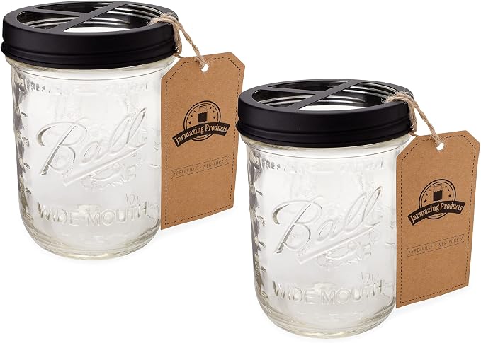 Jarmazing Products Mason Jar Toothbrush Holder – Black – with 16 Ounce Ball Mason Jar – Made from Rust-Proof Stainless Steel - Two Pack
