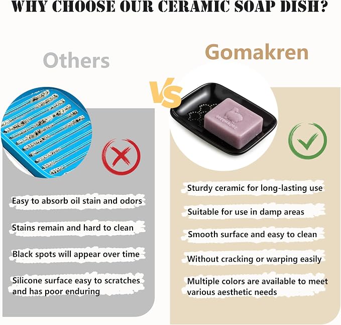 Gomakren Ceramic Soap Dish Bar Soap Holder for Bathroom Kitchen Sink Black | Keeps soap dry & long-lasting, raised scalloped design, non-slip base, easy to clean, versatile tray counter storage & decor