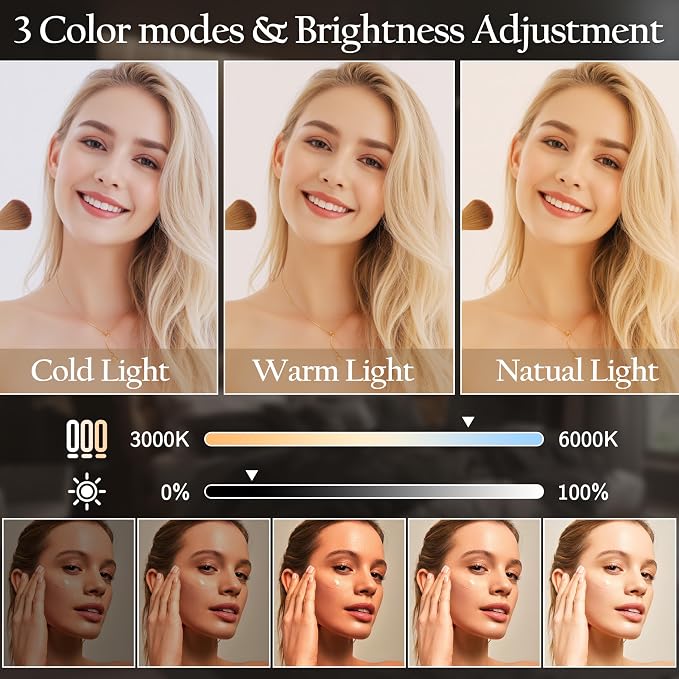 ROLOVE Vanity Mirror with Lights 15"x12", Lighted Makeup Mirror with 10X Magnification, 3 Color Lighting & Dimmable Brightness, Light Up Mirror for Desk, Bedroom, Bathroom