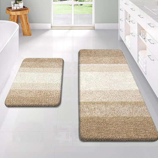 OLANLY Micorfiber Bathroom Rug Set 2 Piece, 47"x20"+24"x16" | Tan, Soft Absorbent Bath Rug Set, Non-Slip, Machine Wash Dry, Plush Shaggy Bath Mats for Bathroom