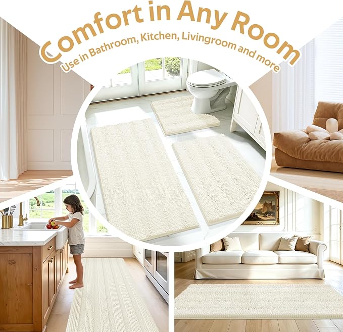 ACCUMTEK Striped Ice Cream Bathroom Rug Set 3 Pieces Ultra Soft, Non Slip Chenille Toilet Mat, Absorbent Plush Shaggy Bath Mats for Bathroom, Bedroom, Kitchen