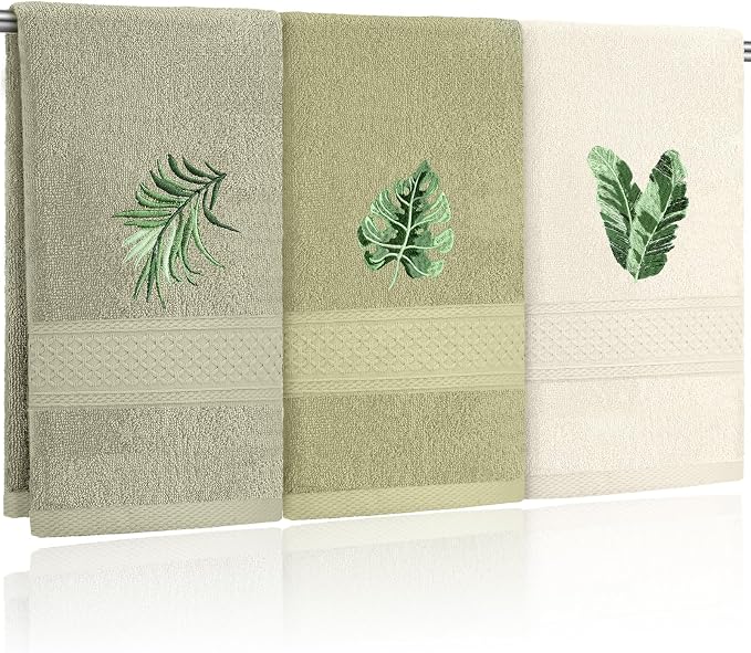 3 Pcs Sage Green Hand Towels Tropical Bathroom Kitchen Decor | Embroidered Tropical Leaves Design, 100% Cotton, Summer Bathroom Kitchen Decor, Absorbent Towels, Holiday Housewarming Gifts